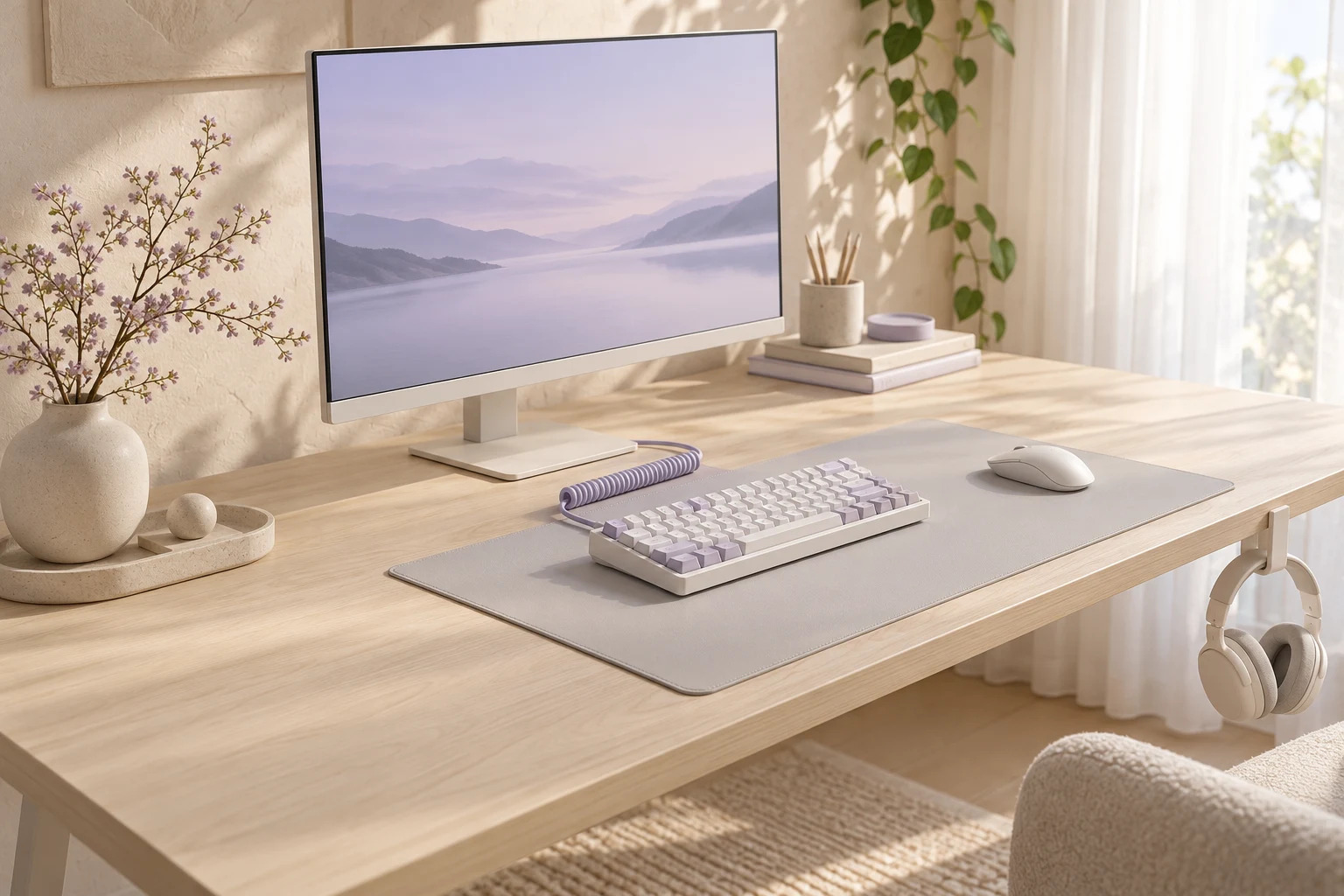 Illustrative white and lavender desk setup with a clear surface